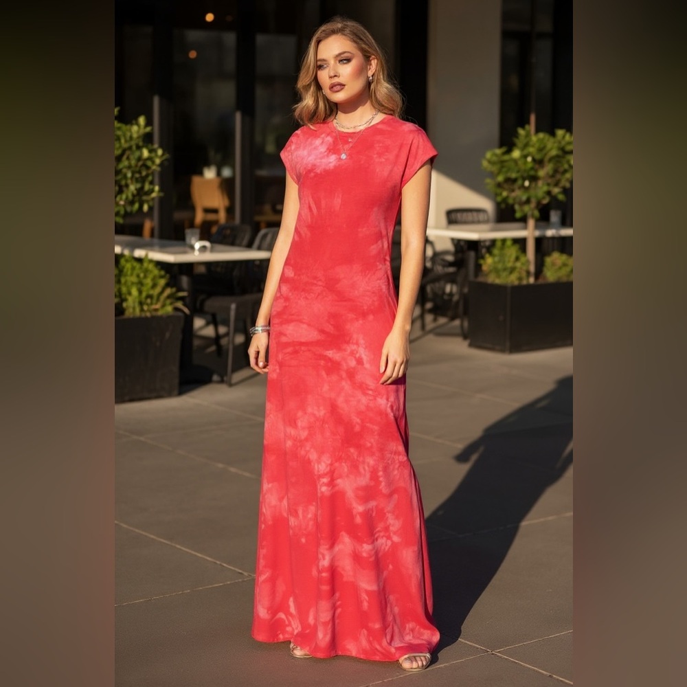 LuLaRoe Maria Red Tie-Dye 4th of July Casual Modest Maxi Dress
